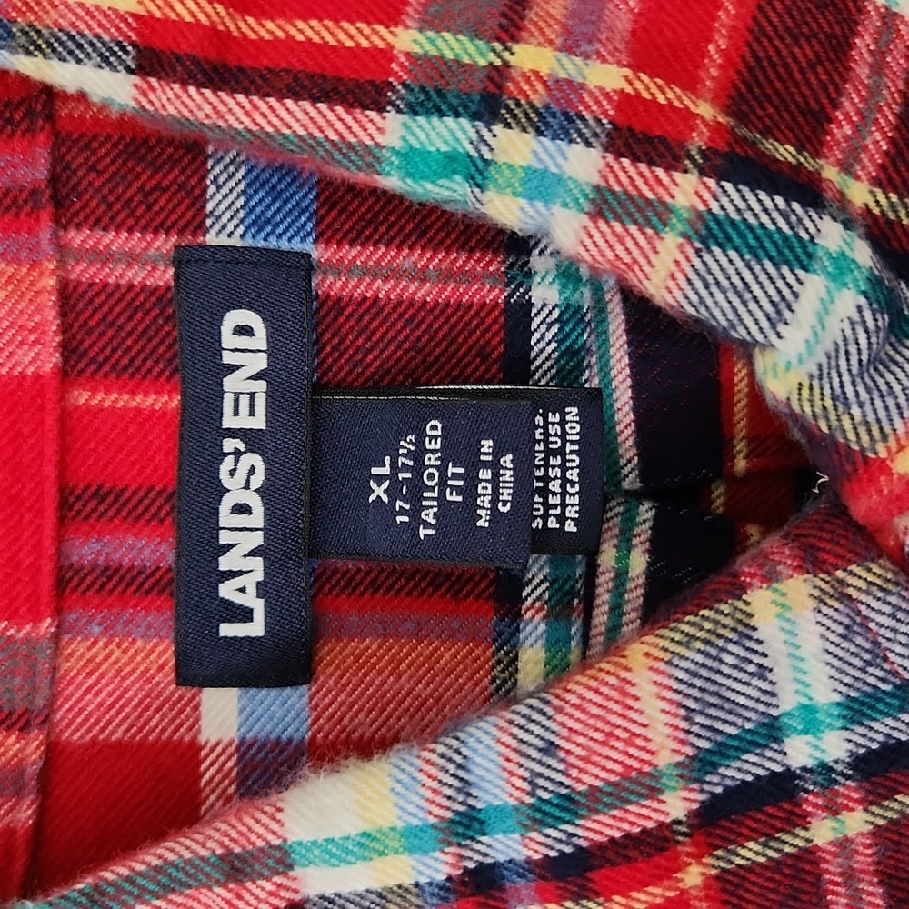 Lands' End Men's Red Plaid Flannel Shirt, XL Traditional Fit